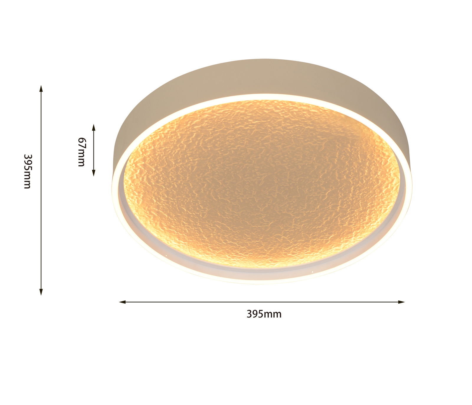 Runde LED-Deckenleuchte mit warmem Licht, seitliche Perspektive, Durchmesser 395mm, Höhe 67mm