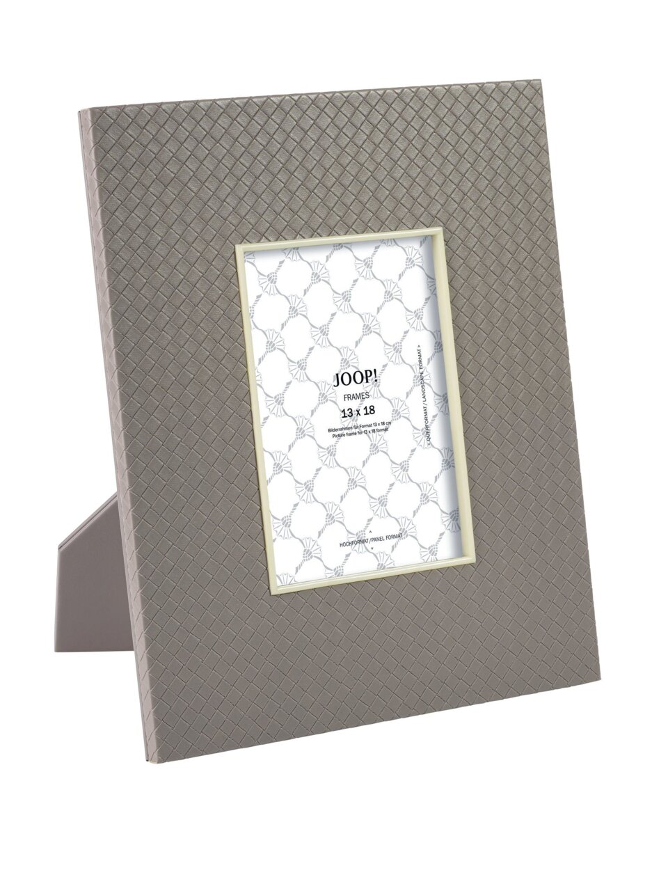 Grauer Bilderrahmen 13x18 cm mit gewebtem Muster, seitliche Perspektive