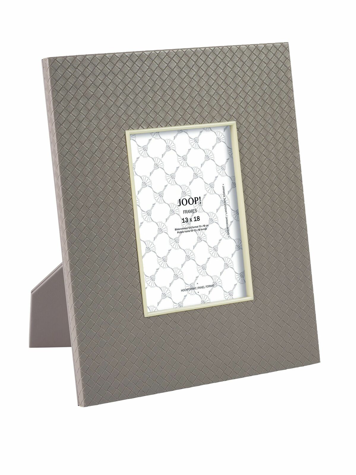 Grauer Bilderrahmen 13x18 cm mit gewebtem Muster, seitliche Perspektive
