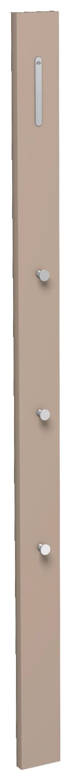 Ansicht eines schmalen, vertikalen Garderobenpaneels in Beige mit drei silbernen Haken und einer Kleiderstange, frontal betrachtet.
