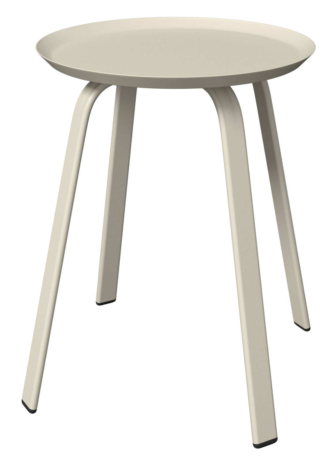 Moderner Beistelltisch mit runder Tischplatte und vier schrägen Beinen, seitliche Perspektive.
