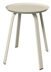 Moderner Beistelltisch mit runder Tischplatte und vier schrägen Beinen, seitliche Perspektive.