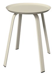 Moderner Beistelltisch mit runder Tischplatte und vier schrägen Beinen, seitliche Perspektive.