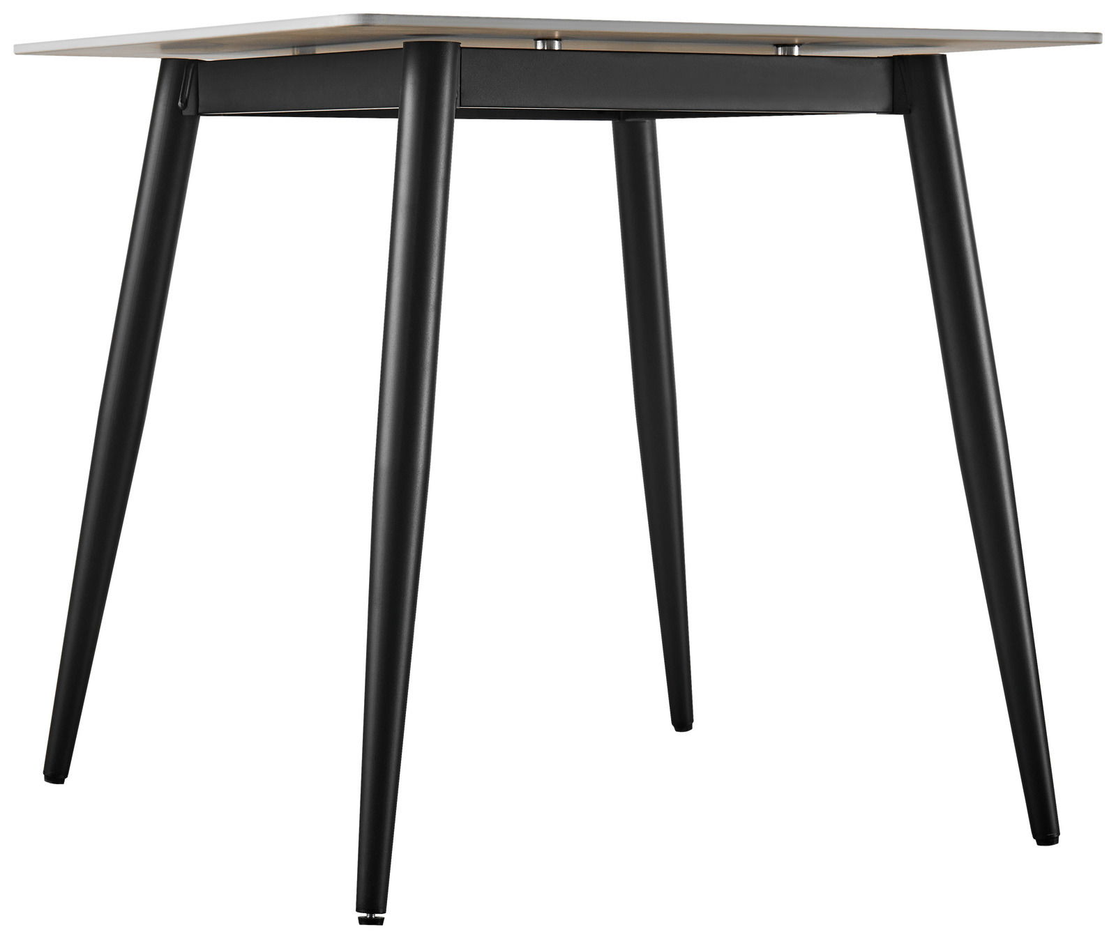 Moderner Esstisch mit schwarzem Metallgestell und heller Tischplatte, seitliche Perspektive