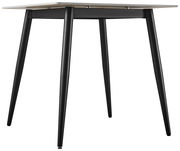 Moderner Esstisch mit schwarzem Metallgestell und heller Tischplatte, seitliche Perspektive