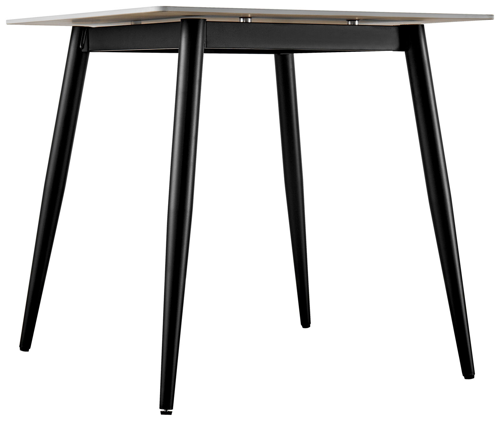 Moderner Esstisch mit schwarzem Metallgestell und heller Tischplatte, seitliche Perspektive