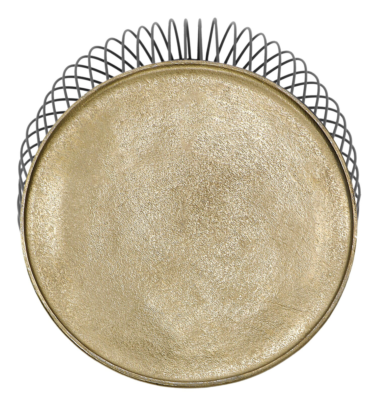 Runde goldene Tischplatte mit dekorativem Rand aus schwarzem Draht, Ansicht von oben