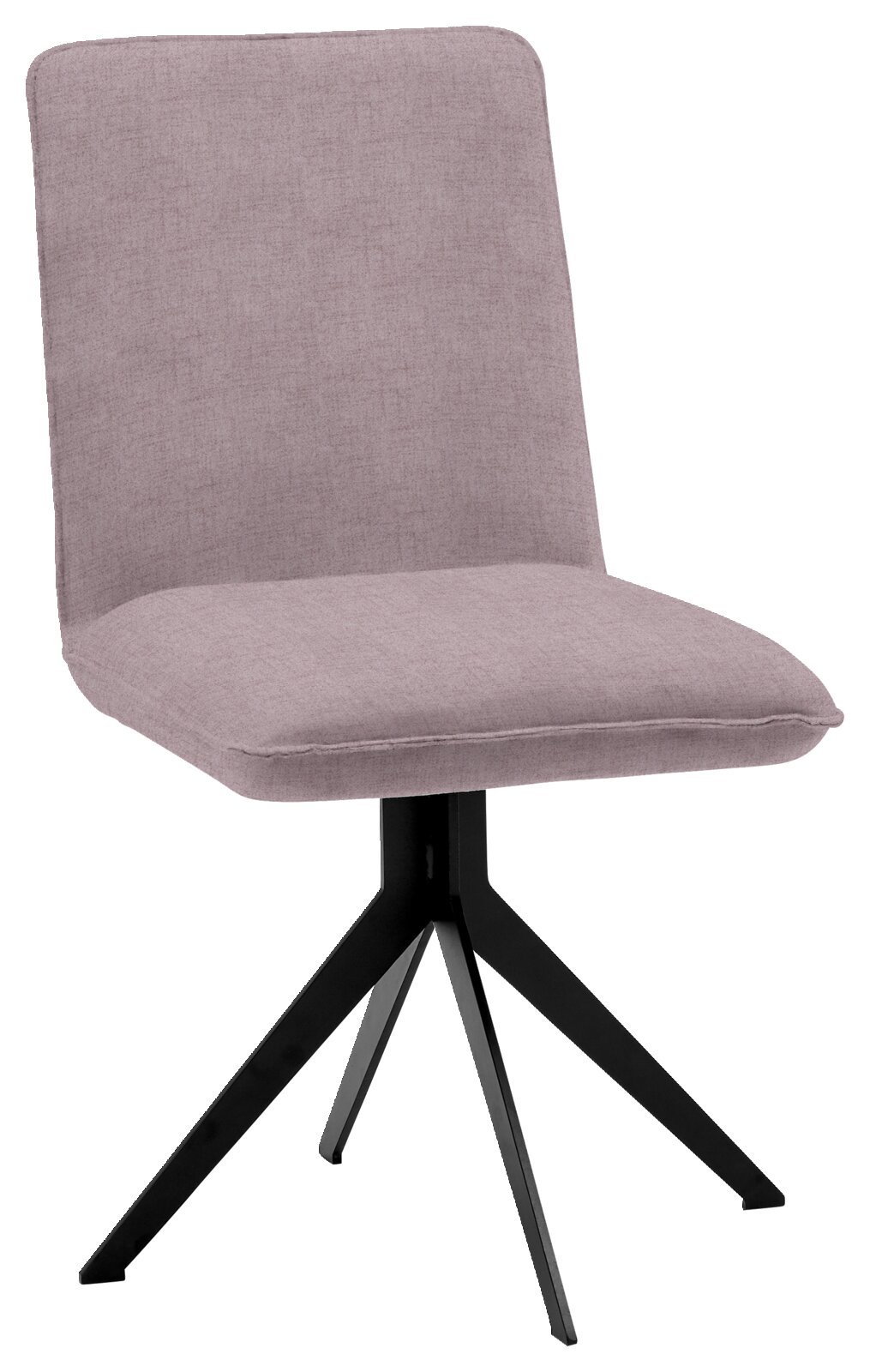 Moderne stoel met paarse stoffen bekleding en een zwart metalen frame, zijaanzicht