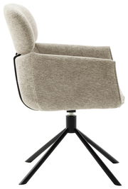 Seitenansicht eines modernen Sessels mit hellgrauem Stoffbezug und schwarzem Metallgestell.