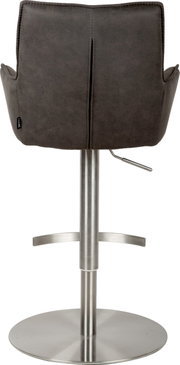 Rückansicht eines höhenverstellbaren Barhockers mit dunkelgrauem Polster, Armlehnen und Edelstahl-Säule mit rundem Tellerfuß