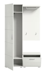 Weiße Garderobenkombination mit offenem Schrank, Kleiderstange, Haken und Schublade, frontal betrachtet.