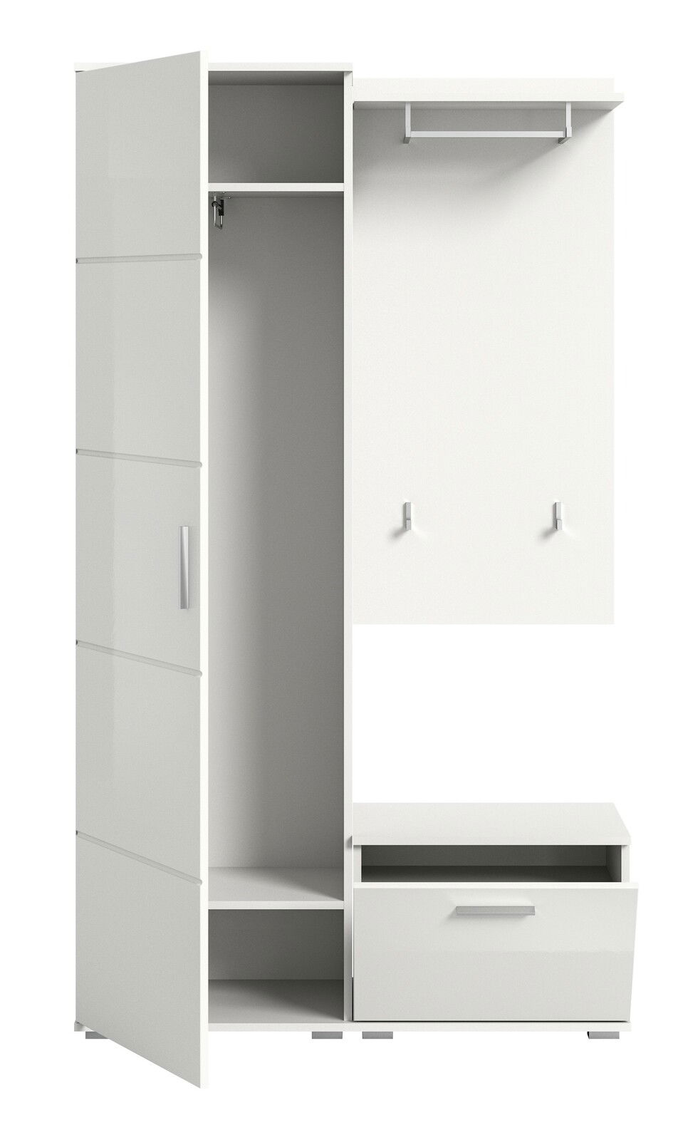 Weiße Garderobenkombination mit offenem Schrank, Kleiderstange, Haken und Schublade, frontal betrachtet.
