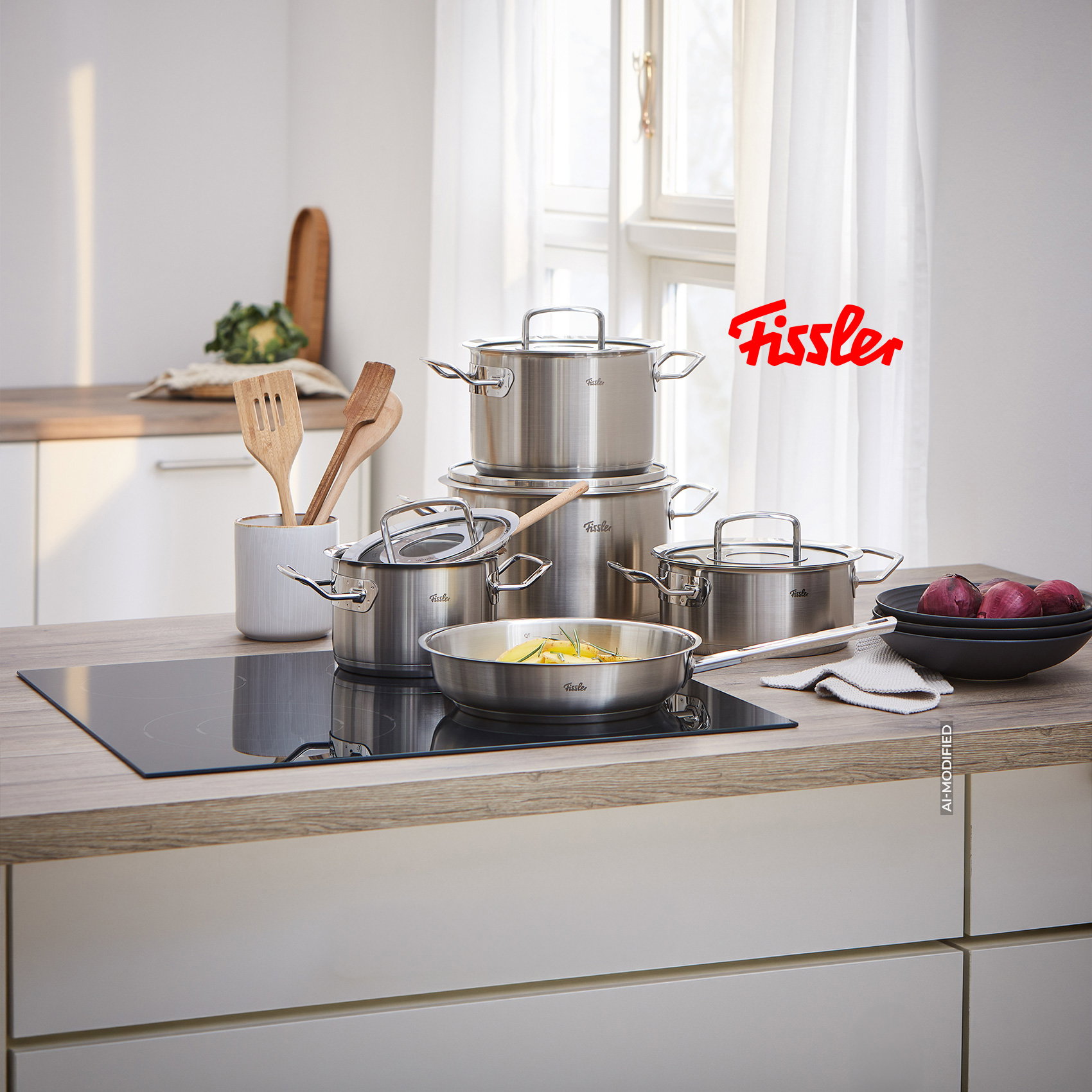 KI-modifiziert: Fissler Edelstahltöpfe und Pfanne auf modernem Induktionskochfeld in heller Küche.