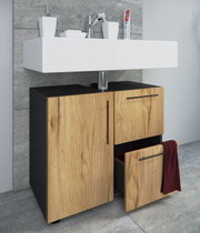 Modernes Badezimmer-Waschtisch-Set mit weißem rechteckigem Aufsatzwaschbecken und Unterschrank in Eiche-Optik mit schwarzem Korpus, Metallgriffen und geöffneter Schublade, Frontansicht in leichter Perspektive von rechts