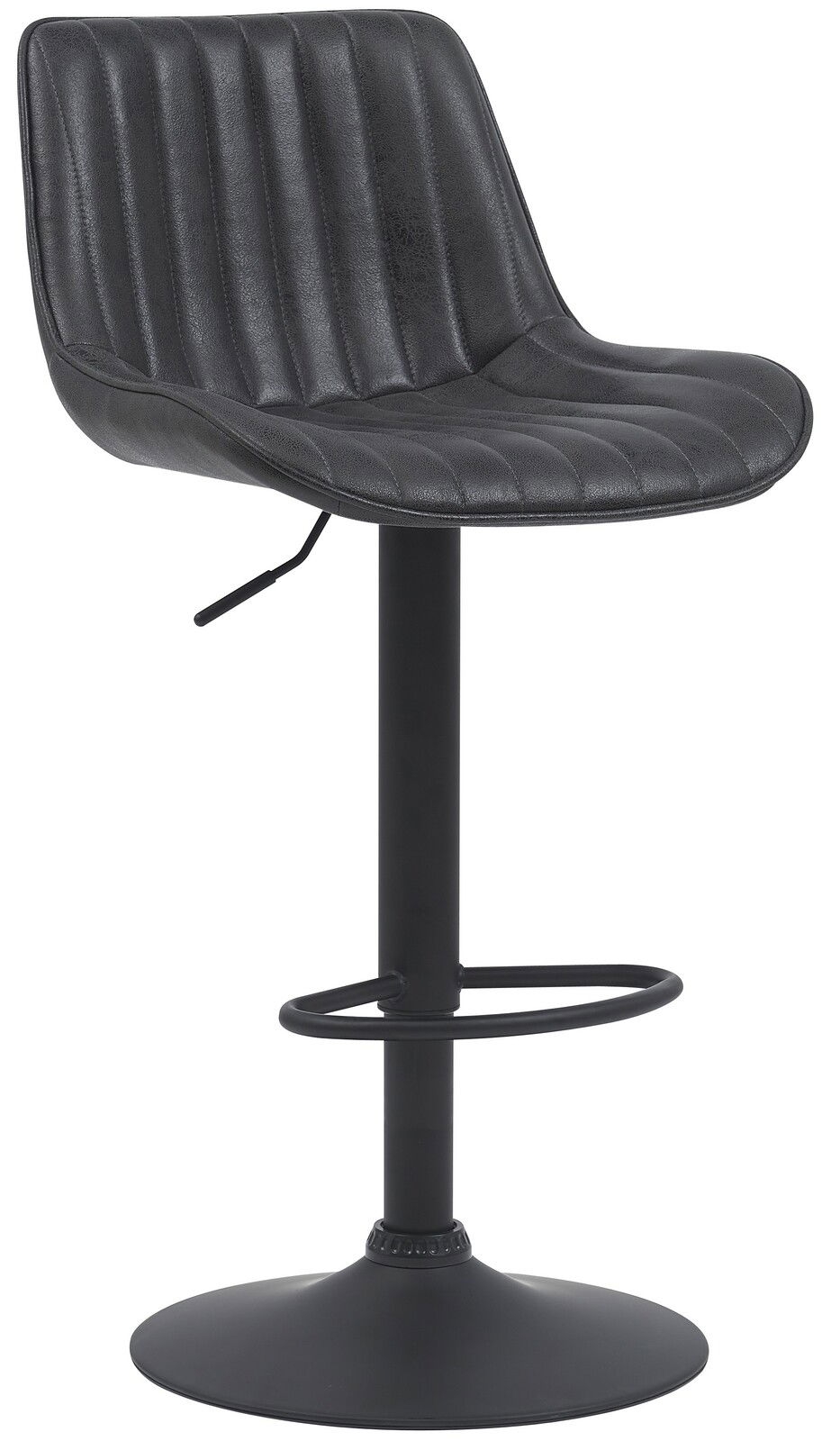 Schwarzer Barhocker mit gepolsterter Sitzfläche und Rückenlehne, seitliche Perspektive