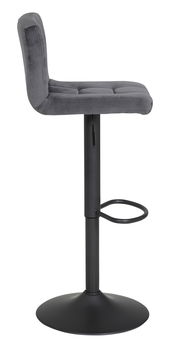 Moderner Barhocker in Seitenansicht mit grauem, gepolstertem Sitz und schwarzem Metallgestell.