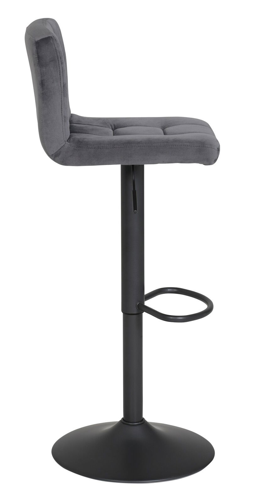 Moderner Barhocker in Seitenansicht mit grauem, gepolstertem Sitz und schwarzem Metallgestell.