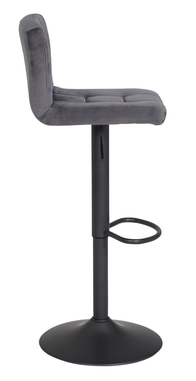 Moderner Barhocker in Seitenansicht mit grauem, gepolstertem Sitz und schwarzem Metallgestell.