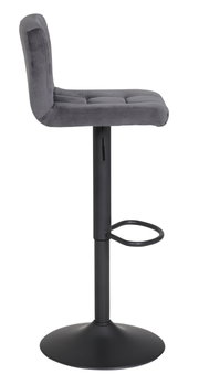 Moderner Barhocker in Seitenansicht mit grauem, gepolstertem Sitz und schwarzem Metallgestell.