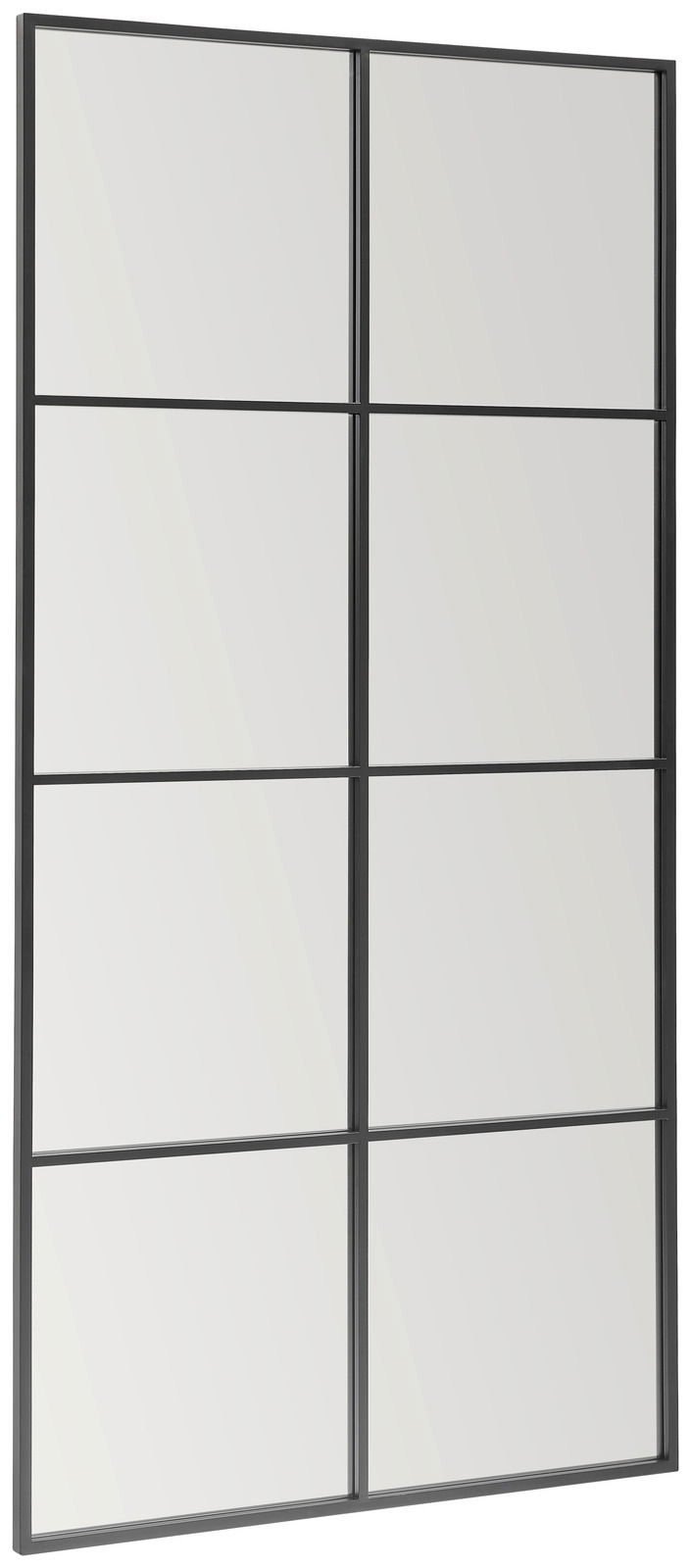 Großer rechteckiger Spiegel mit schwarzem Rahmen und Gitterdesign, seitliche Perspektive