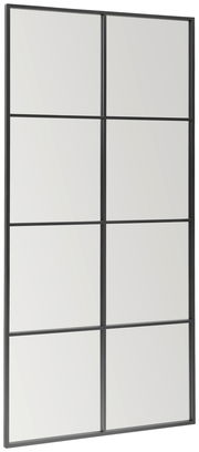 Großer rechteckiger Spiegel mit schwarzem Rahmen und Gitterdesign, seitliche Perspektive