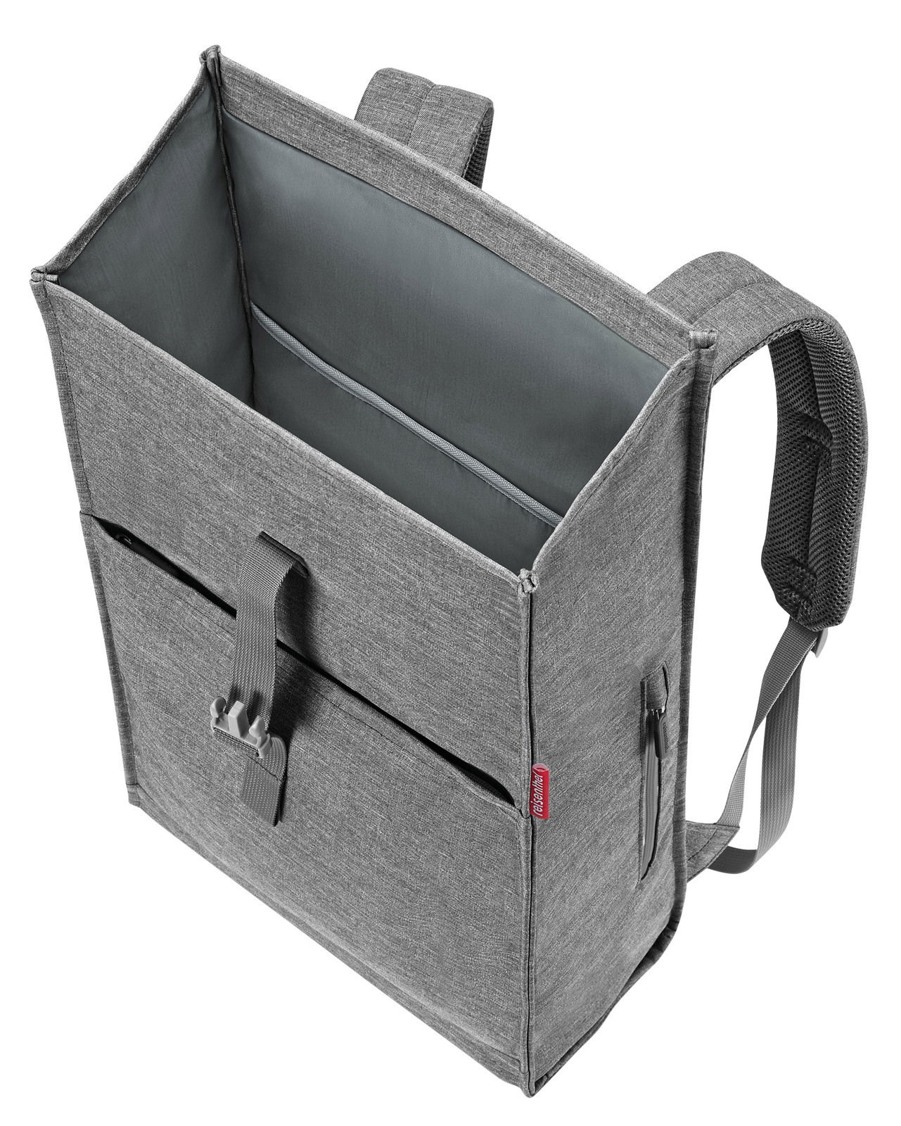 Grauer urbaner Rolltop-Rucksack aus der Vogelperspektive, geöffnet mit sichtbarem Innenraum und verstellbaren Schultergurten.