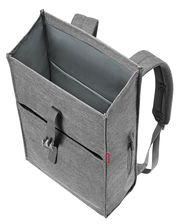 Grauer urbaner Rolltop-Rucksack aus der Vogelperspektive, geöffnet mit sichtbarem Innenraum und verstellbaren Schultergurten.