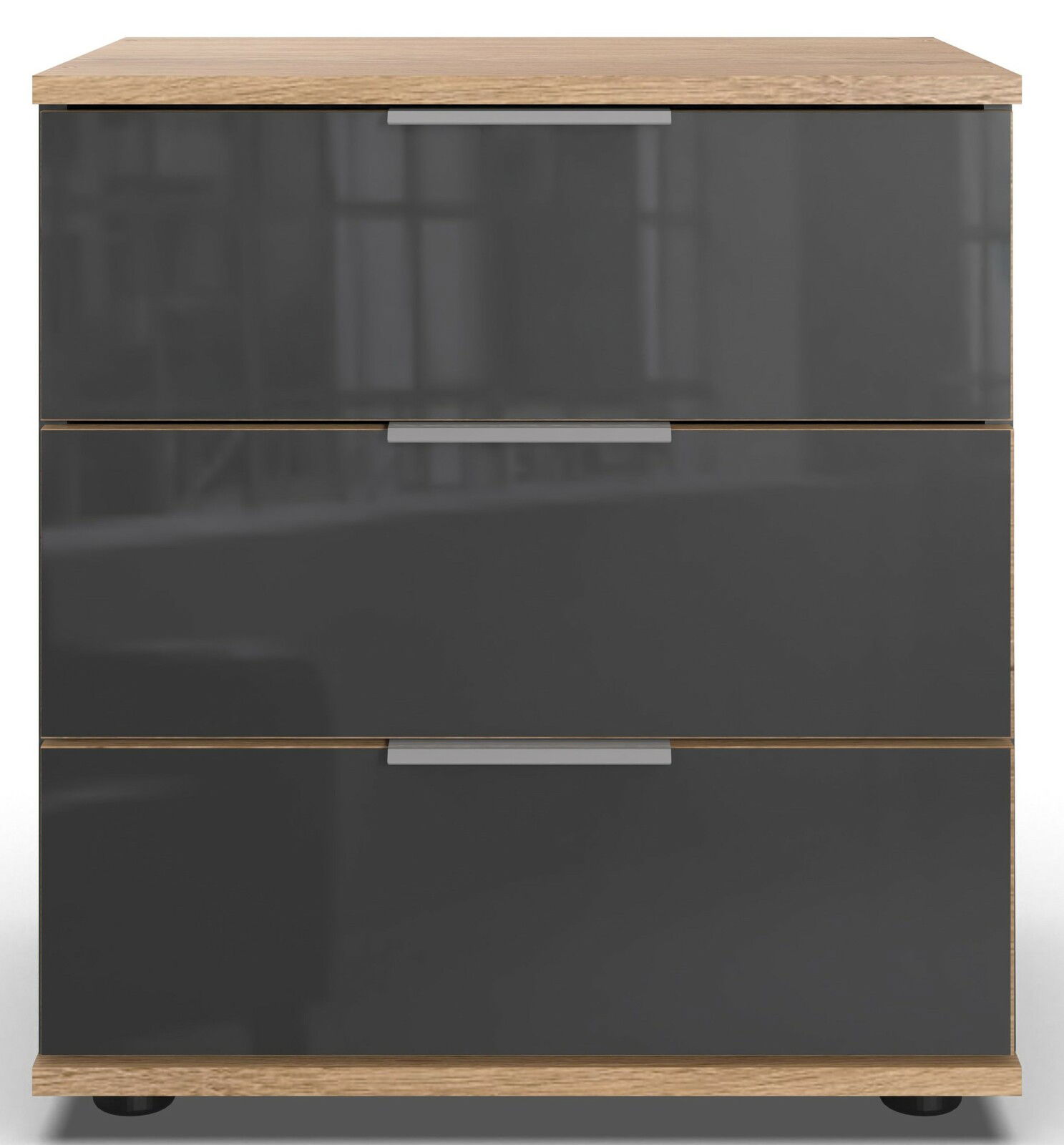 Z2 Nachtkommode SAIGON Moderne Nachtkommode mit drei Schubladen in dunklem Grau und Holzoptik, Frontalansicht