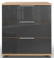 Moderne Nachtkommode mit drei Schubladen in dunklem Grau und Holzoptik, Frontalansicht