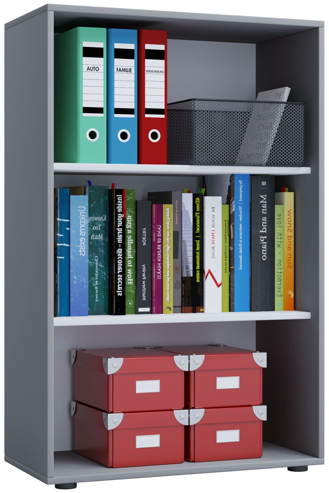 Graues Regal mit Aktenordnern, Büchern, Drahtkorb und roten Aufbewahrungsboxen, frontale Ansicht mit leichter Perspektive von links