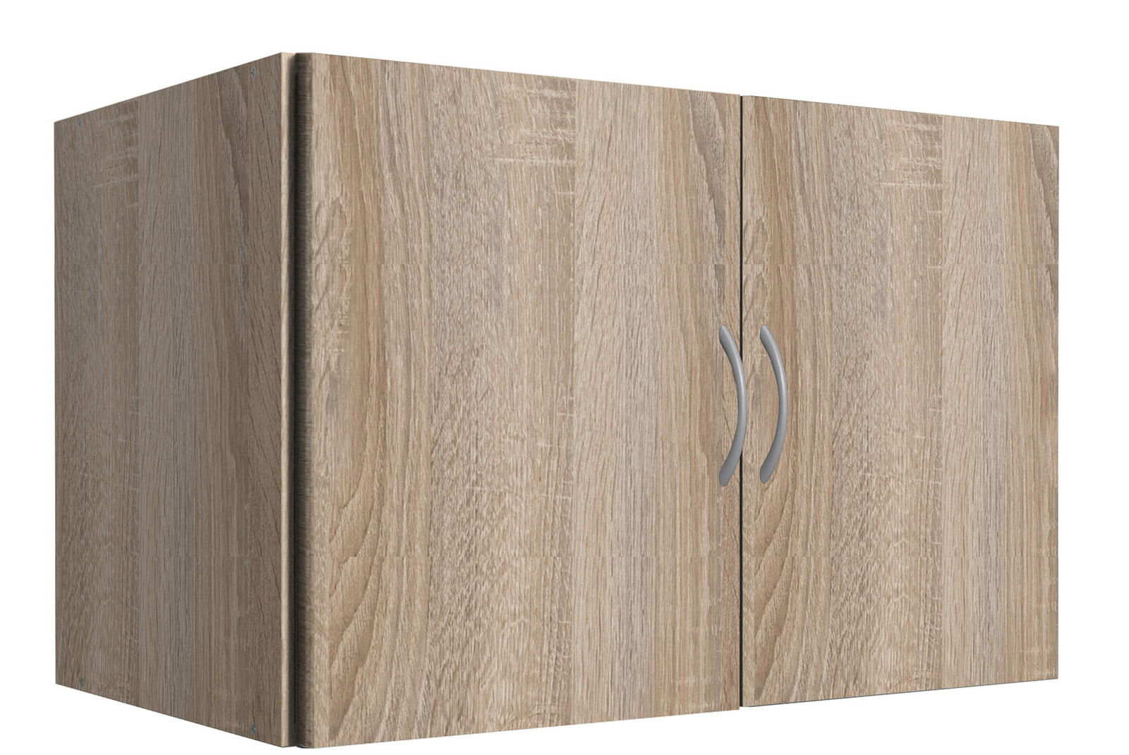 Hängeschrank aus Holz mit zwei Türen und silbernen Griffen, seitliche Perspektive