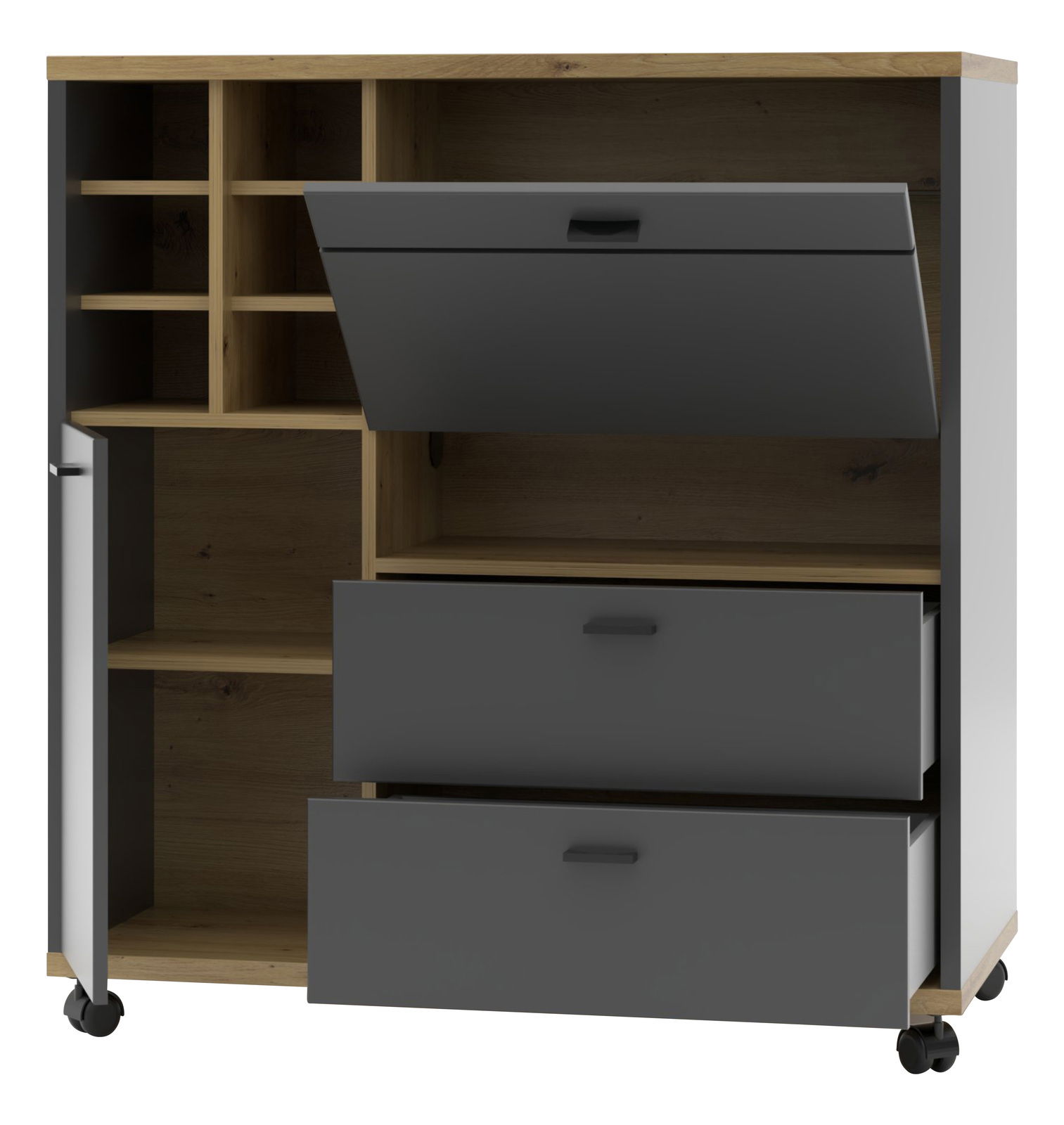 Moderner Raumteiler mit offenen Fächern, Schubladen und Klapptür, aus Holz und dunklem Material, auf Rollen, Frontalansicht.