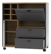 Moderner Raumteiler mit offenen Fächern, Schubladen und Klapptür, aus Holz und dunklem Material, auf Rollen, Frontalansicht.