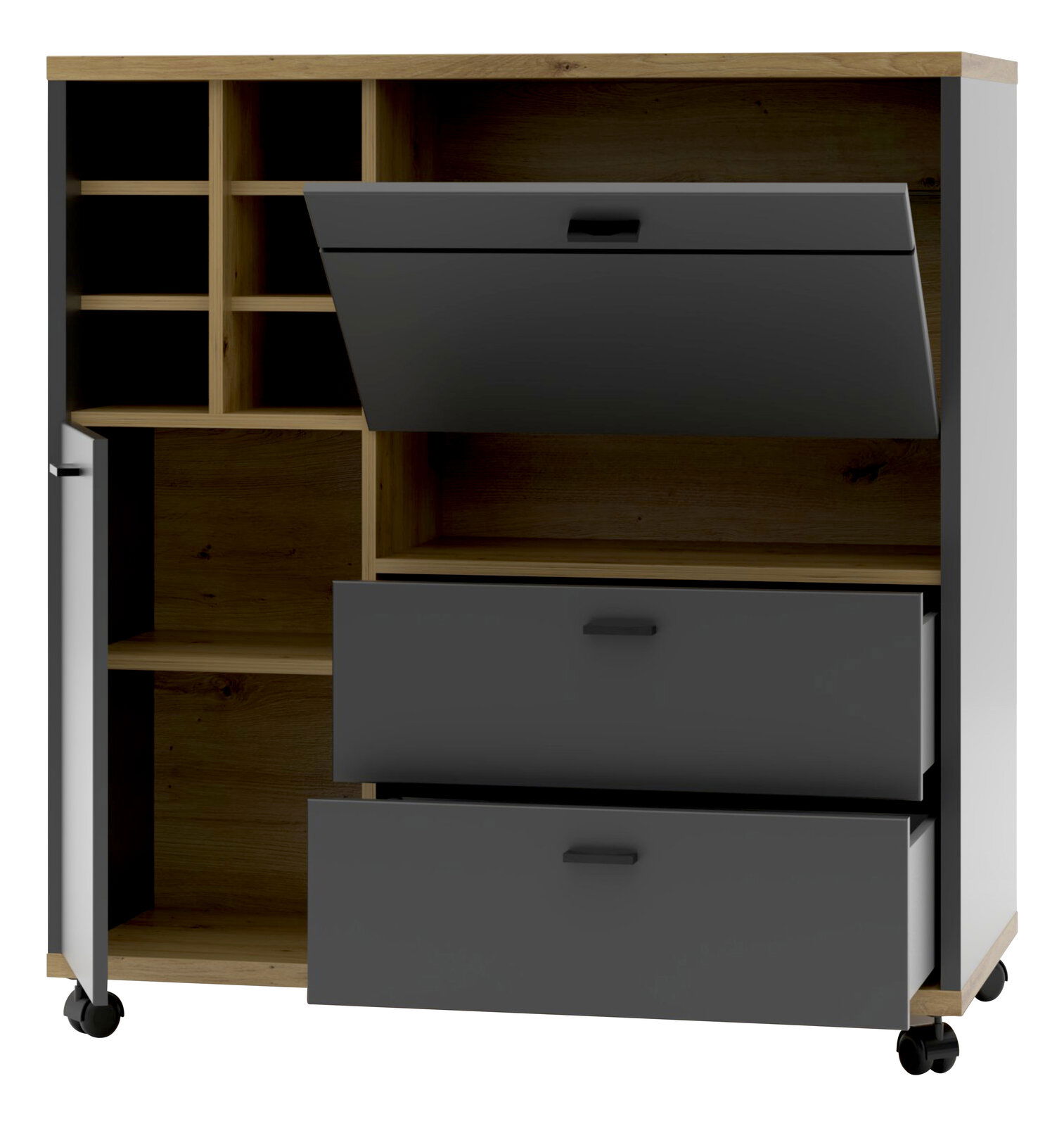 Moderner Raumteiler mit offenen Fächern, Schubladen und Klapptür, aus Holz und dunklem Material, auf Rollen, Frontalansicht.