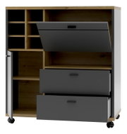 Moderner Raumteiler mit offenen Fächern, Schubladen und Klapptür, aus Holz und dunklem Material, auf Rollen, Frontalansicht.