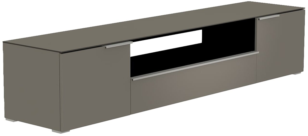 Modernes XL TV-Lowboard in grauer Farbe, seitliche Perspektive