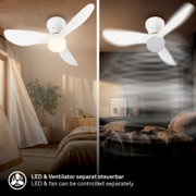 Witte plafondventilator met vier bladen en geïntegreerde ledlamp, van onderaf weergegeven in een slaapkamer, waarbij licht en ventilator afzonderlijk bedienbaar zijn.