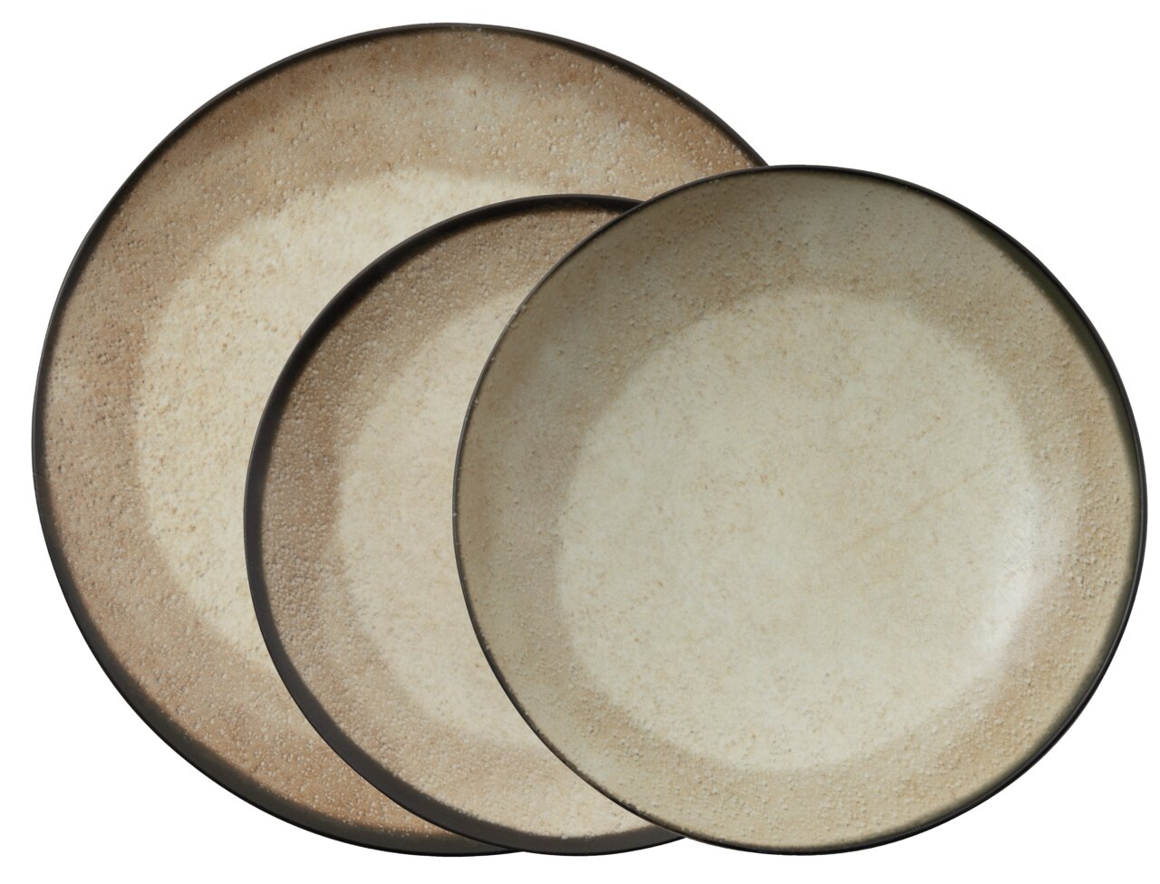 Arthur Krupp Tellerset 12-tlg. Shade Matt Earth Dreiteiliges Tellerset in Erdtönen mit matter Oberfläche, von oben betrachtet.