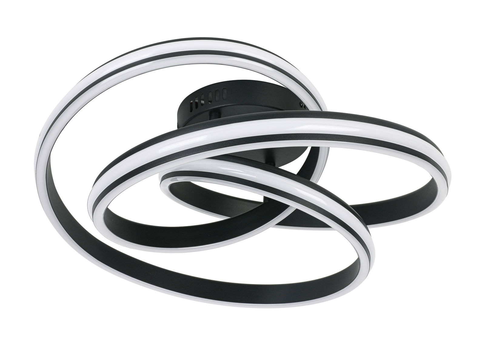 Moderne LED-Deckenleuchte mit geschwungenem, schwarzem und weißem Design, seitliche Perspektive