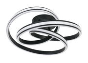 Moderne LED-Deckenleuchte mit geschwungenem, schwarzem und weißem Design, seitliche Perspektive