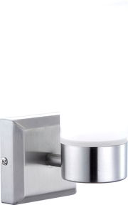 Moderne Bad-Wandleuchte SPACE aus gebürstetem Metall und Glas, seitliche Perspektive