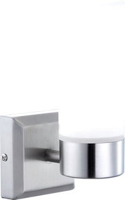 Moderne Bad-Wandleuchte SPACE aus gebürstetem Metall und Glas, seitliche Perspektive
