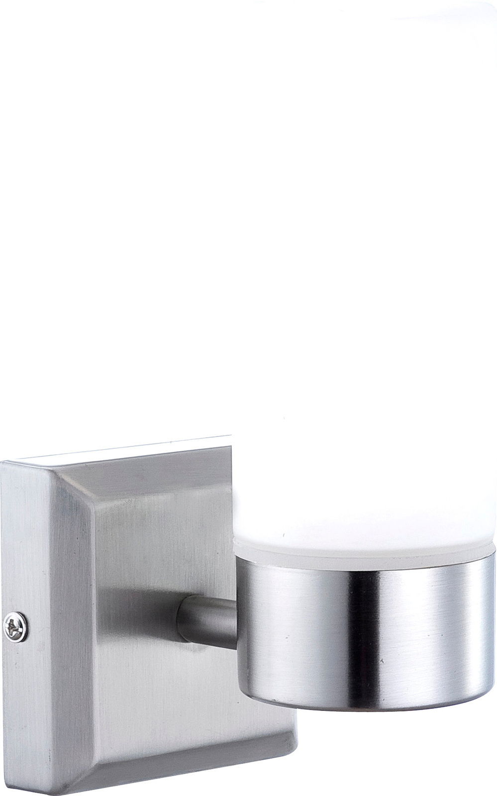 Moderne Bad-Wandleuchte SPACE aus gebürstetem Metall und Glas, seitliche Perspektive