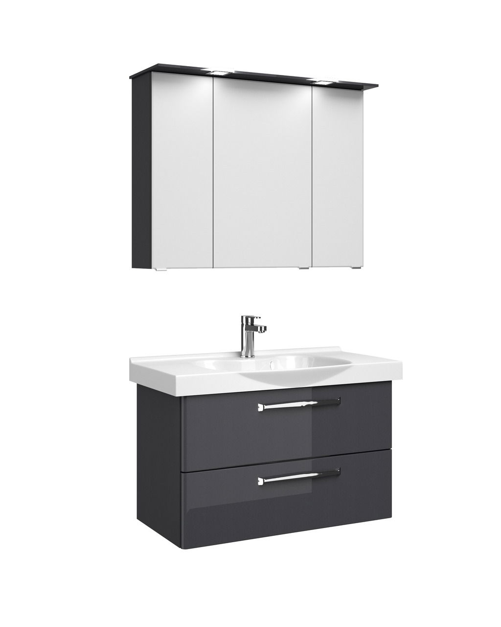 Moderner Badblock mit Spiegelschrank und Waschbecken, Frontansicht