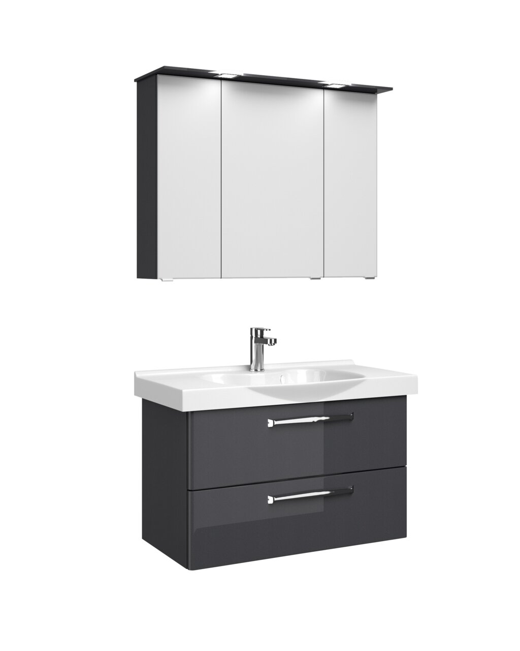 Moderner Badblock mit Spiegelschrank und Waschbecken, Frontansicht