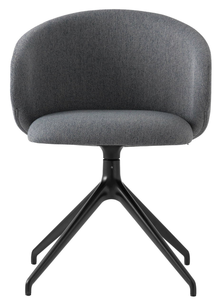 Moderner grauer Stuhl mit gepolsterter Rückenlehne und schwarzem Metallgestell, Frontalansicht.