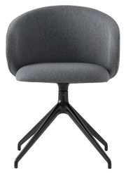 Moderner grauer Stuhl mit gepolsterter Rückenlehne und schwarzem Metallgestell, Frontalansicht.