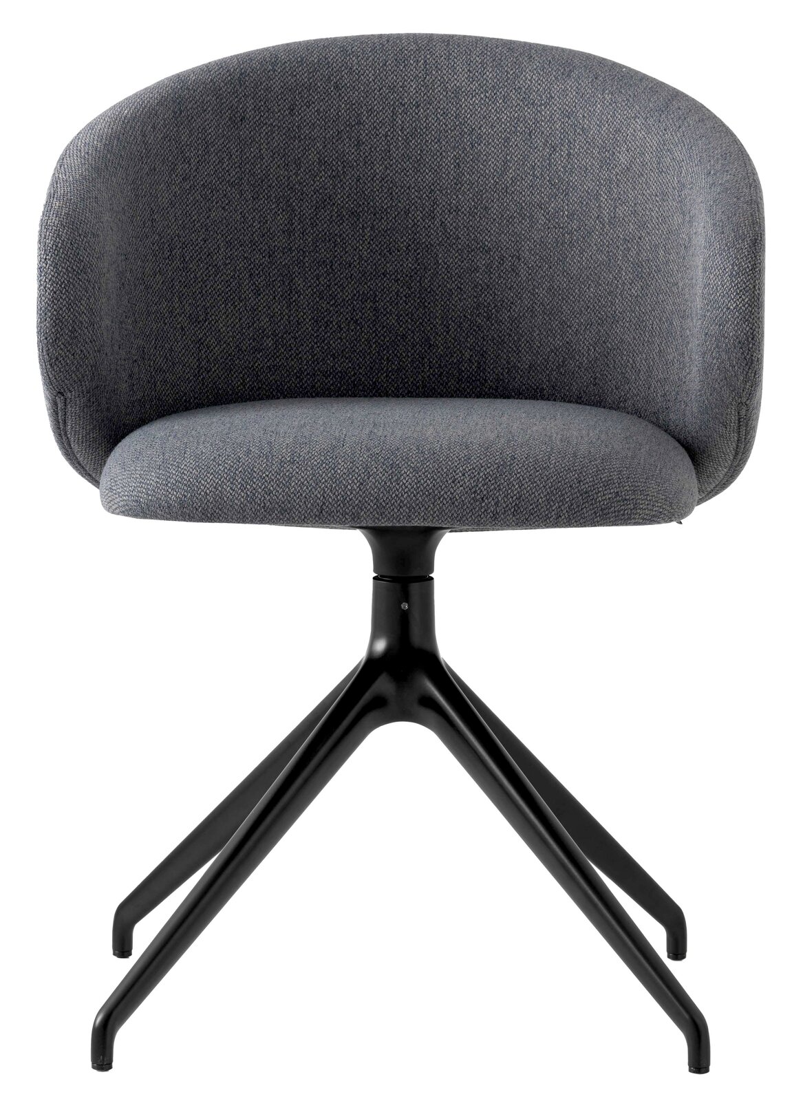 Moderner grauer Stuhl mit gepolsterter Rückenlehne und schwarzem Metallgestell, Frontalansicht.