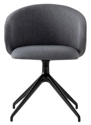 Moderner grauer Stuhl mit gepolsterter Rückenlehne und schwarzem Metallgestell, Frontalansicht.