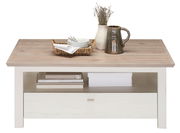 Moderner Couchtisch CAMRON mit Holzoptik, dekoriert mit Geschirr und Vase, Frontalansicht.